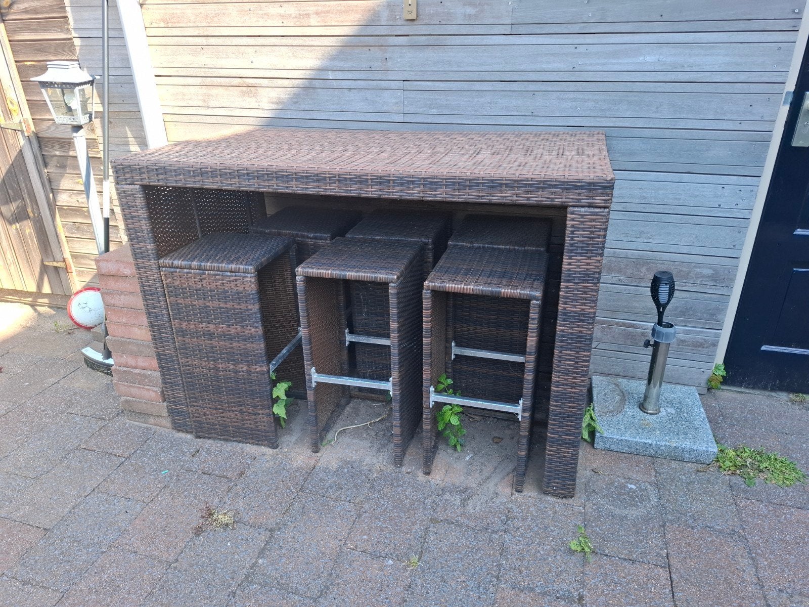 Rotan bartafel met 6krukken - Tuinbar set, Huis en Inrichting, Ophalen, Gebruikt