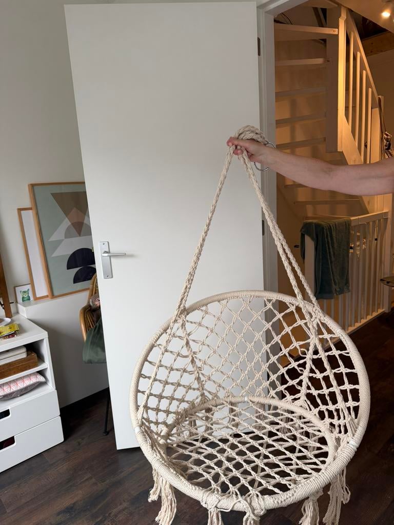 Macrame hangstoel wit creme voor binnen of buiten, Ophalen, Zo goed als nieuw, Eenpersoons, Binnen