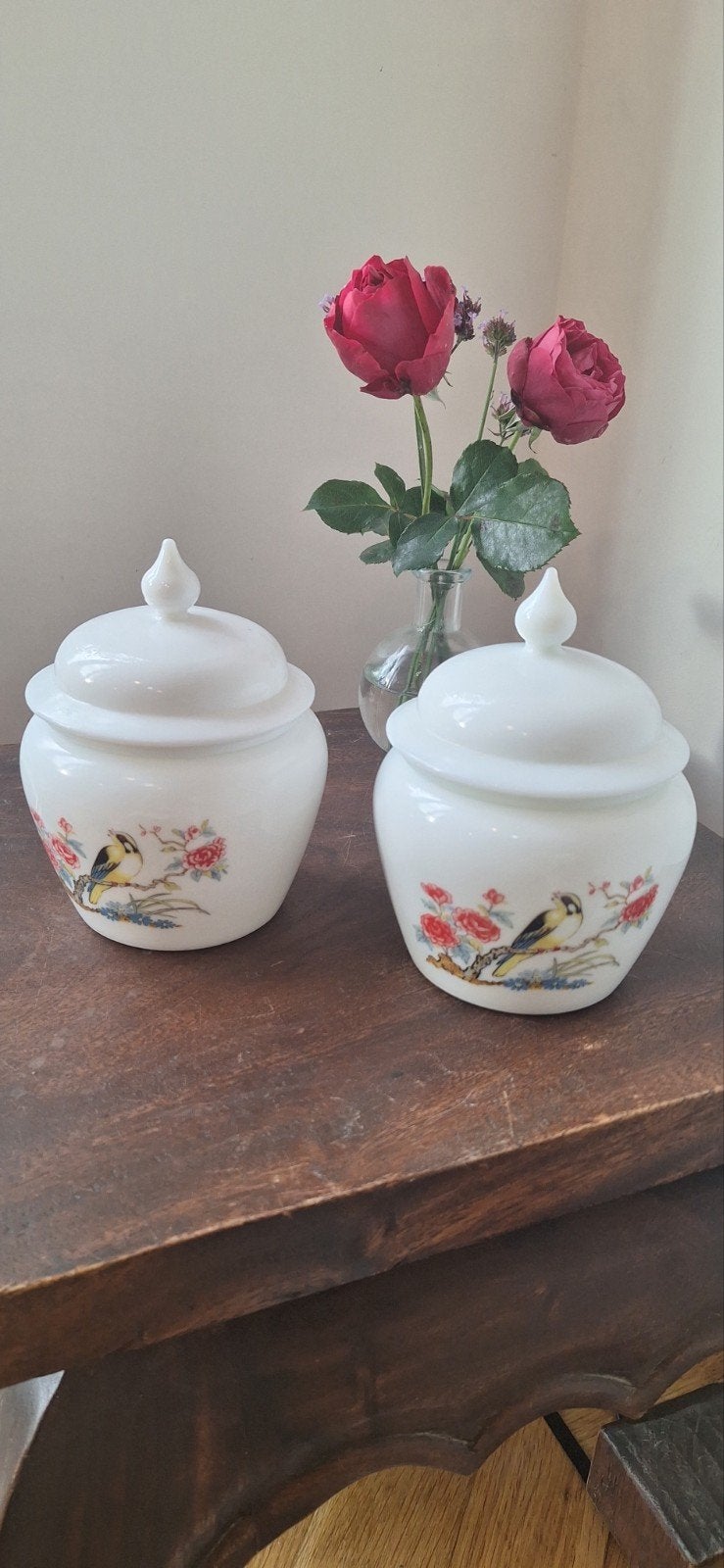 Set van 2 Vintage Avon Melkglas Potten met Vogeldecor, Antiek en Kunst, Ophalen of Verzenden