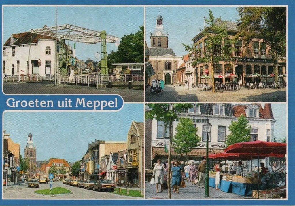 Ansichtkaart Meppel, 4-luik, brug, toren, markt, winkels, Ophalen of Verzenden, 1980 tot heden, Ongelopen, Drenthe