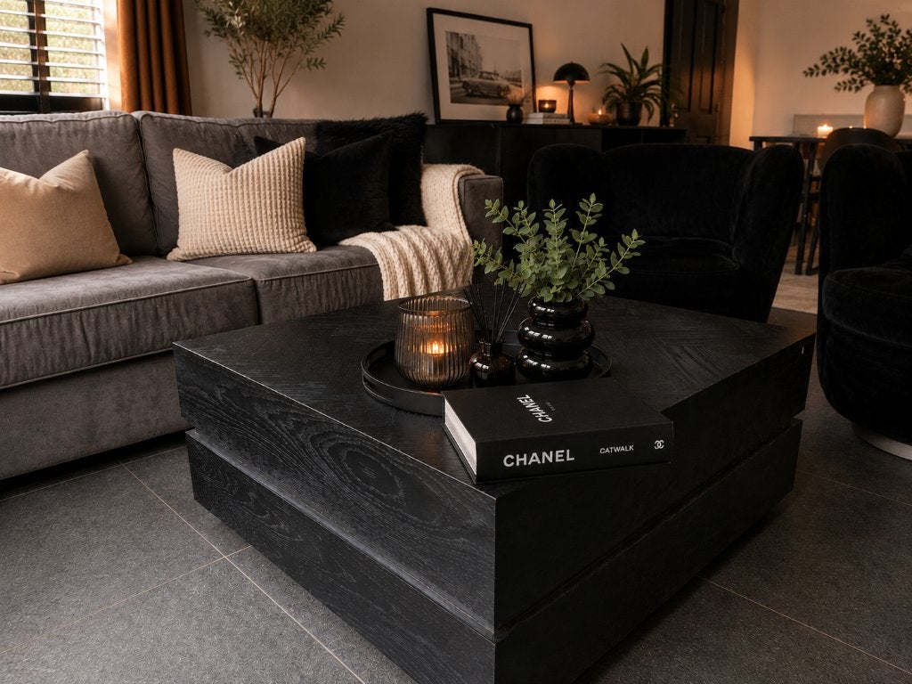Luxe Richmond Salontafel Blackbone Zwart Eiken Visgraat, Ophalen, 50 tot 100 cm, 50 tot 100 cm, Zo goed als nieuw