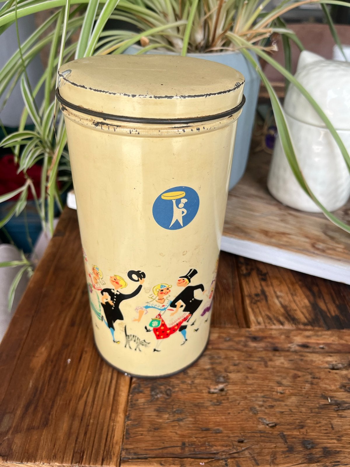 Vintage Brabantia voorraadbus met dansende figuren, Ophalen of Verzenden