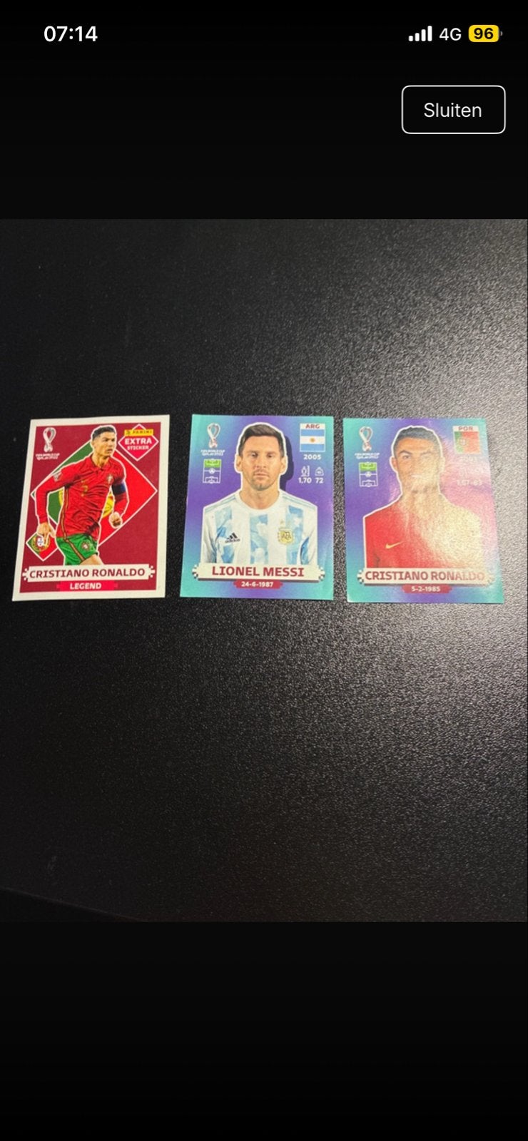 Panini WK 2022 Stickers: Messi en Ronaldo (3 stuks), Ophalen of Verzenden, Zo goed als nieuw, Buitenlandse clubs, Poster, Plaatje of Sticker