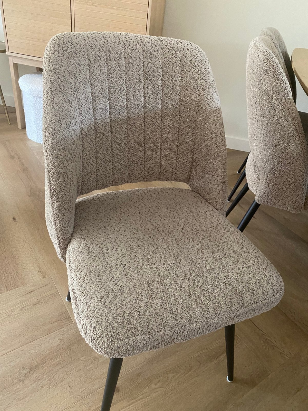 6 eetkamerstoelen, teddy stof, z.g.a.n, Ophalen, Overige kleuren, Zo goed als nieuw, Stof