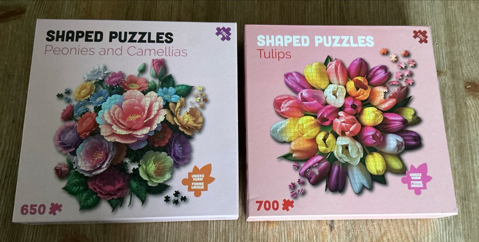 2x Shaped Puzzles: Pioenrozen & Camelia's en Tulpen, Ophalen of Verzenden, 500 t/m 1500 stukjes, Zo goed als nieuw, Legpuzzel