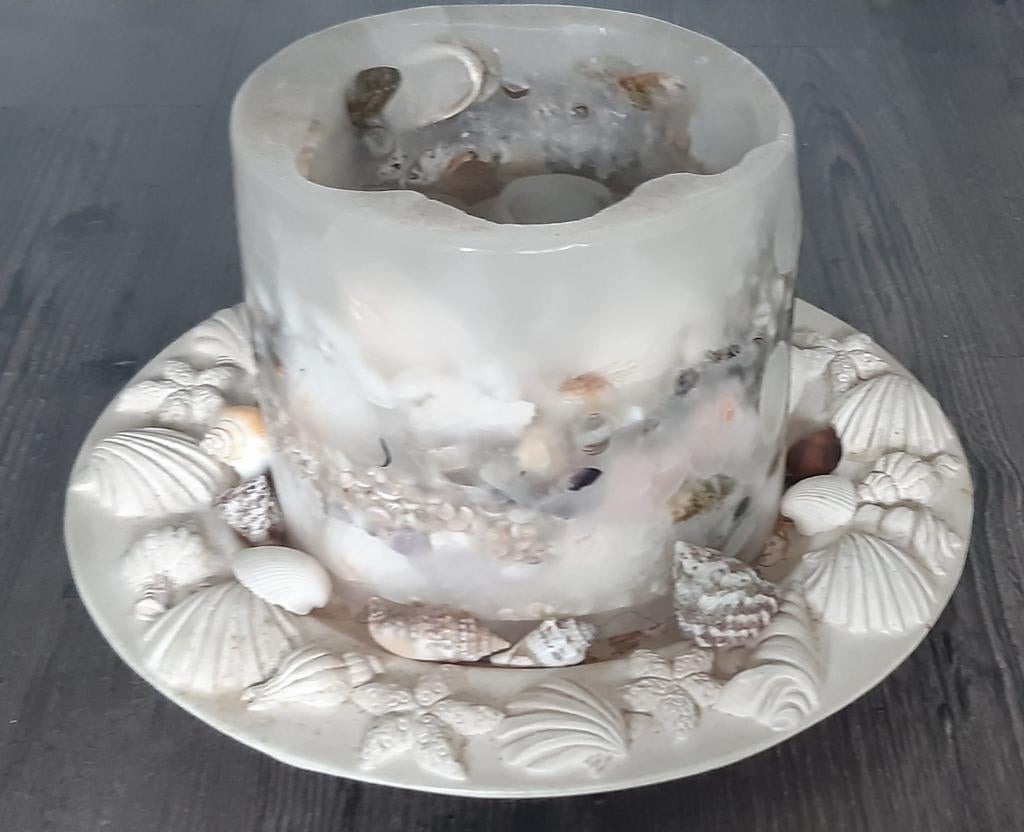 Decoratieve kaars met schelpen op schaal - 30cm diameter, Overige materialen, Gebruikt, Ophalen of Verzenden, Crème