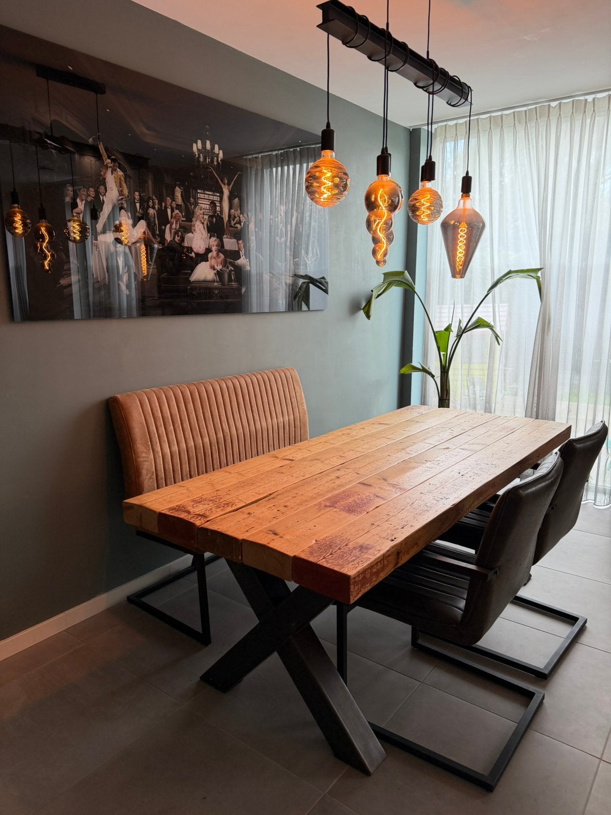 Industriële houten eettafel 200x88 cm – dik blad, stalen X, 200 cm of meer, Zo goed als nieuw, Vijf personen of meer, Industrieel