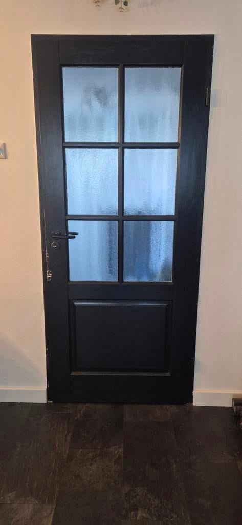 Zwarte opdekdeur met glaspanelen 83x201rechtsdraaiend, Gebruikt, 80 tot 100 cm, Binnendeur, Ophalen of Verzenden