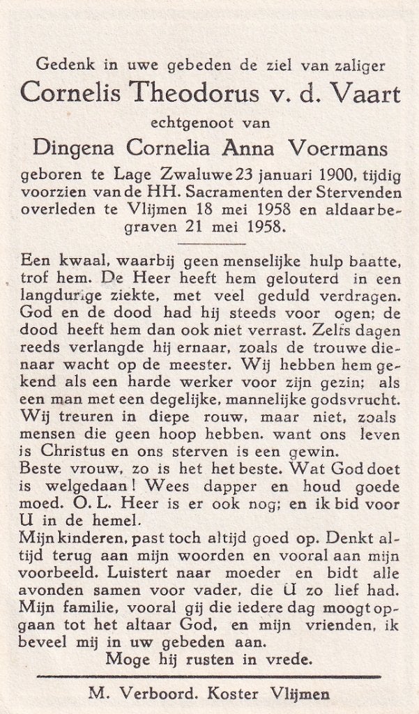 Vaart Cornelis 1900 Lage Zwaluwe 1958 Vlijmen, Verzamelen, Ophalen of Verzenden, Bidprentje