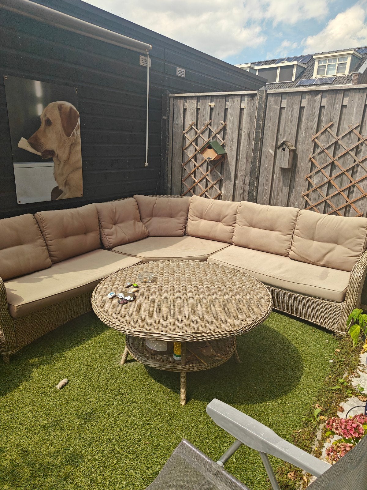 Wicker Loungeset met Ronde Tafel - Beige Kussens, Gebruikt, Ophalen of Verzenden, Loungeset, Wicker