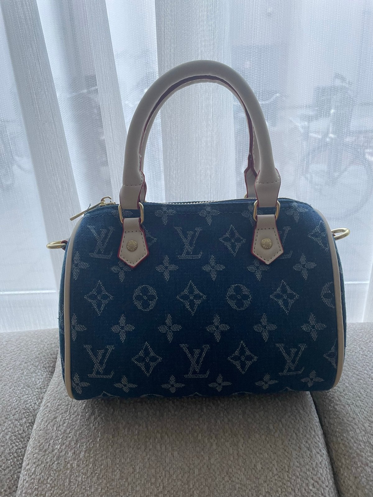 Louis Vuitton Denim Monogram Speedy Handtas, Verzenden, Zo goed als nieuw, Blauw, Handtas