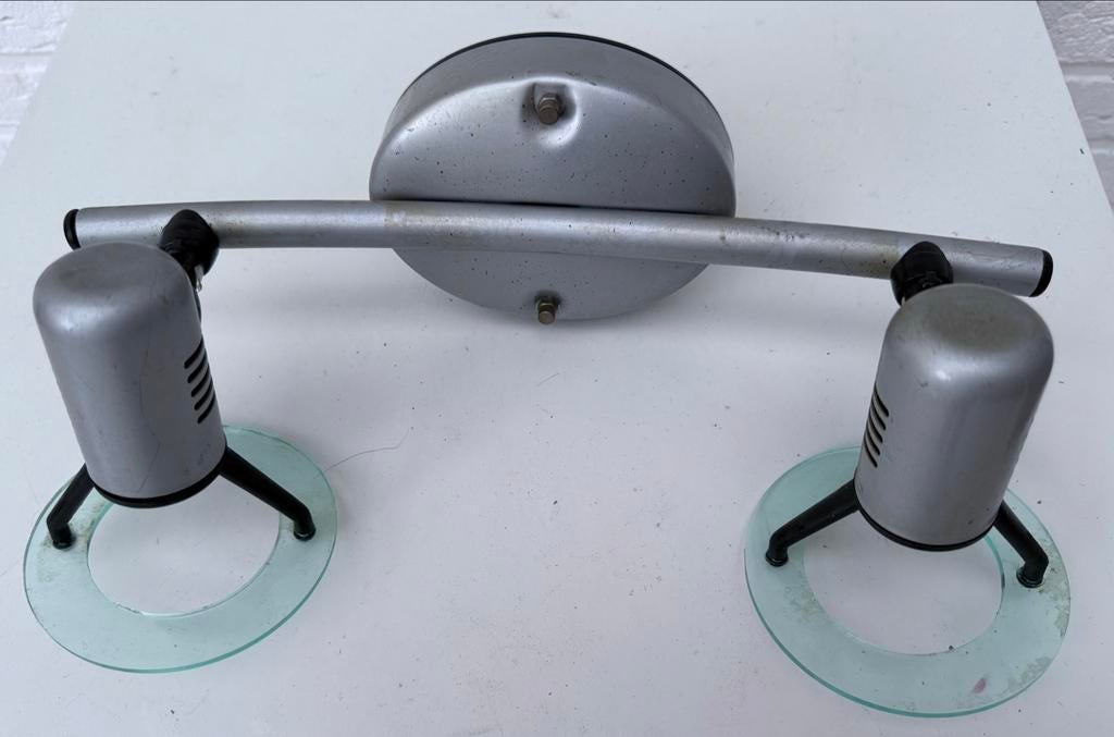 Grijze plafondlamp met 2 spotjes - E14 fitting💡, Huis en Inrichting, Lampen | Plafondlampen, Gebruikt, Metaal, Ophalen