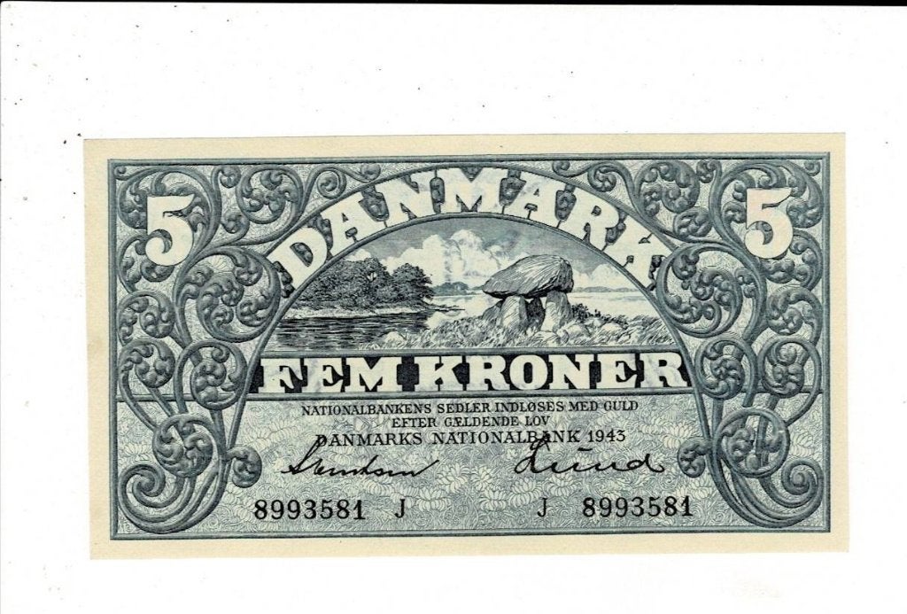 Denemarken, 5 kronen 1943 met hunebed - UNC, Verzenden, Overige landen