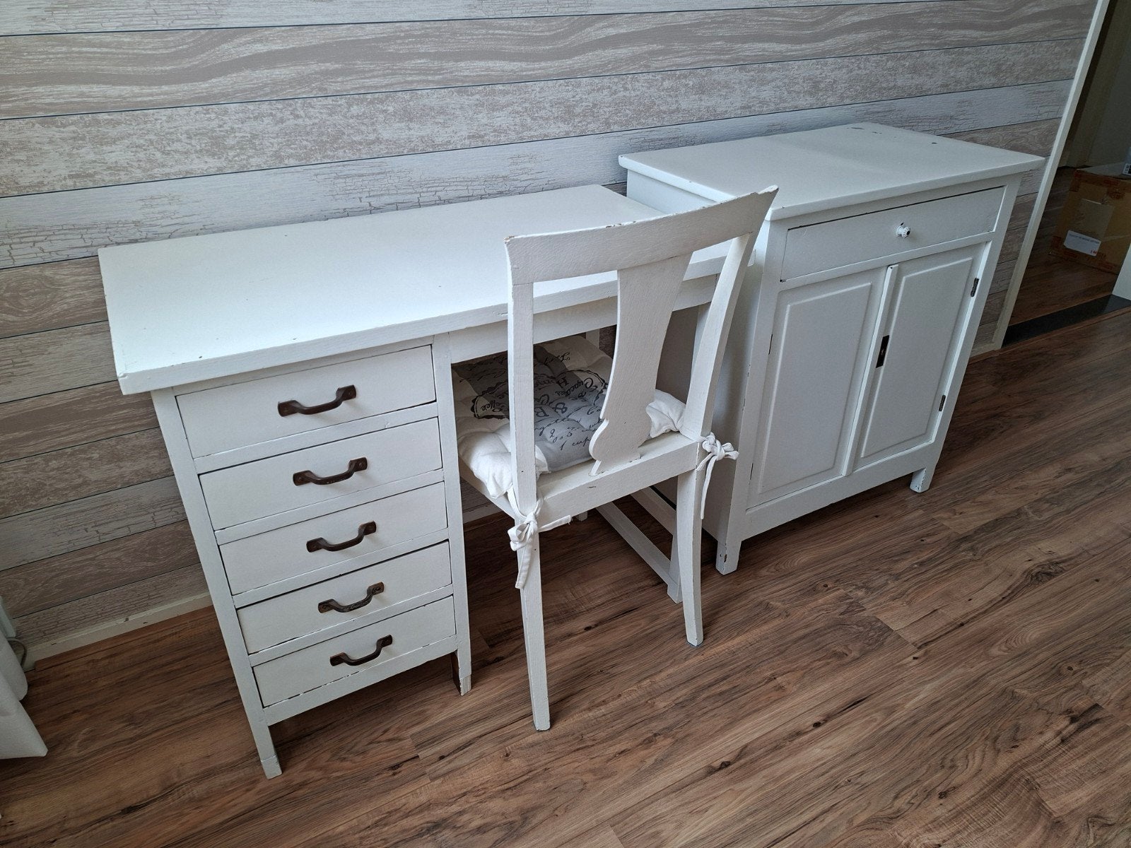 Brocante kastje, bureau en stoel, wit, Ophalen of Verzenden