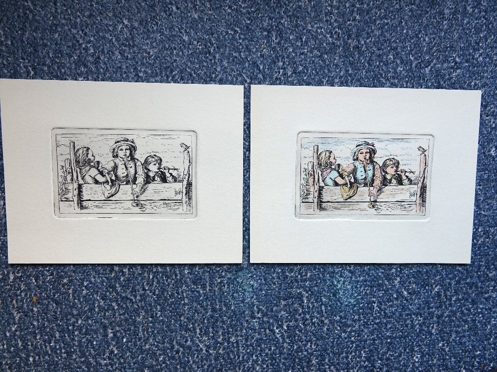 2 gravures 1x zwart/wit en 1x kleur, Ophalen of Verzenden, Dagelijks leven, Gravure, Dubbele gravure