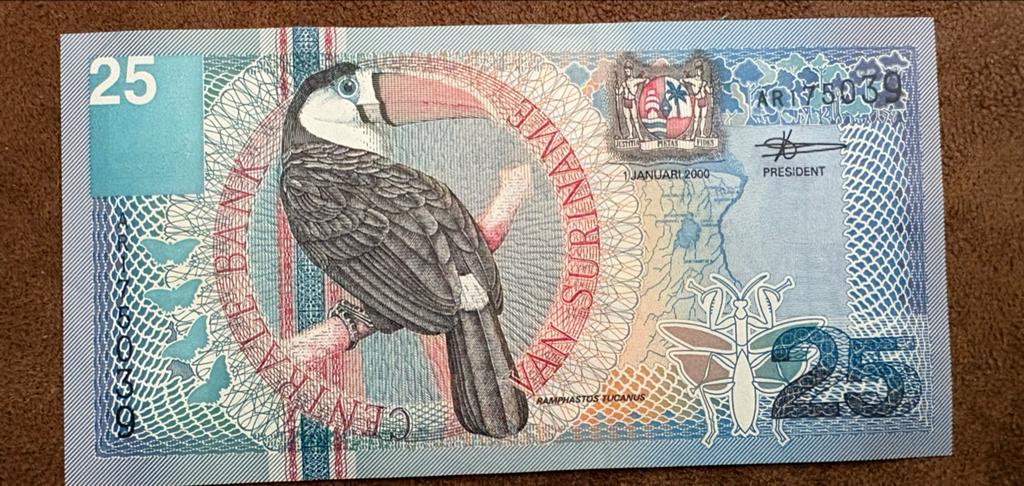 Surinaams bankbiljet 25 gulden 2000 - Toekan, Ophalen of Verzenden, Zuid-Amerika, Los biljet