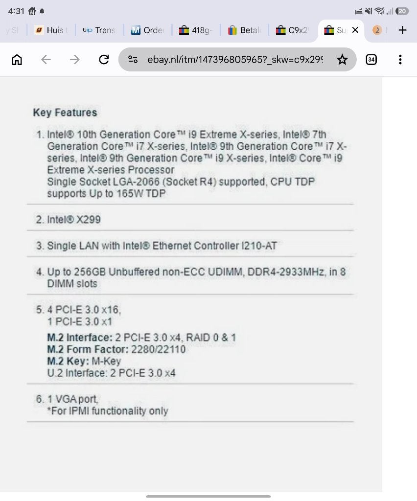 Supermicro C9x299 upgrade i9 10900x 10 core qs cpu, 64 GB of meer, Gebruikt, Verzenden, Gaming