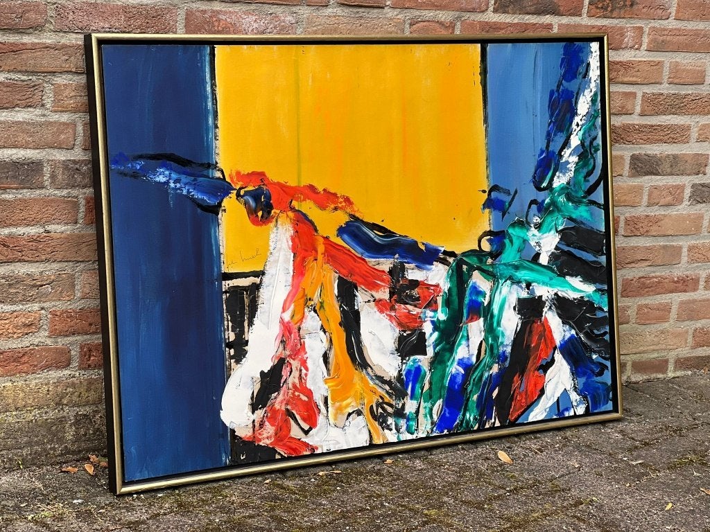 Fien Huth – groot abstract schilderij blauwgeelroodgroen, Ophalen