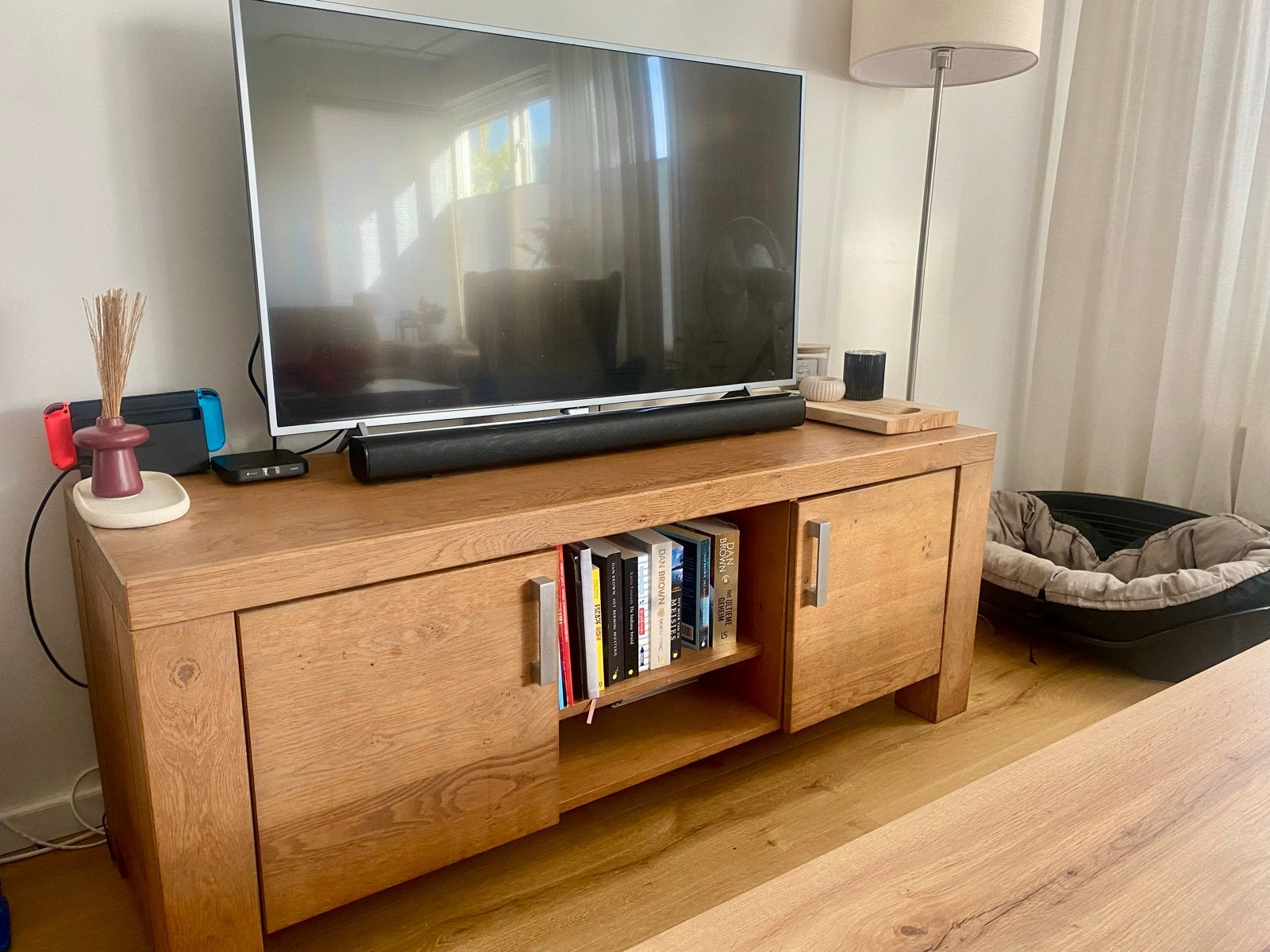 Massief eiken tv-meubel - 160 cm breed, Ophalen, Gebruikt, 150 tot 200 cm, Eikenhout