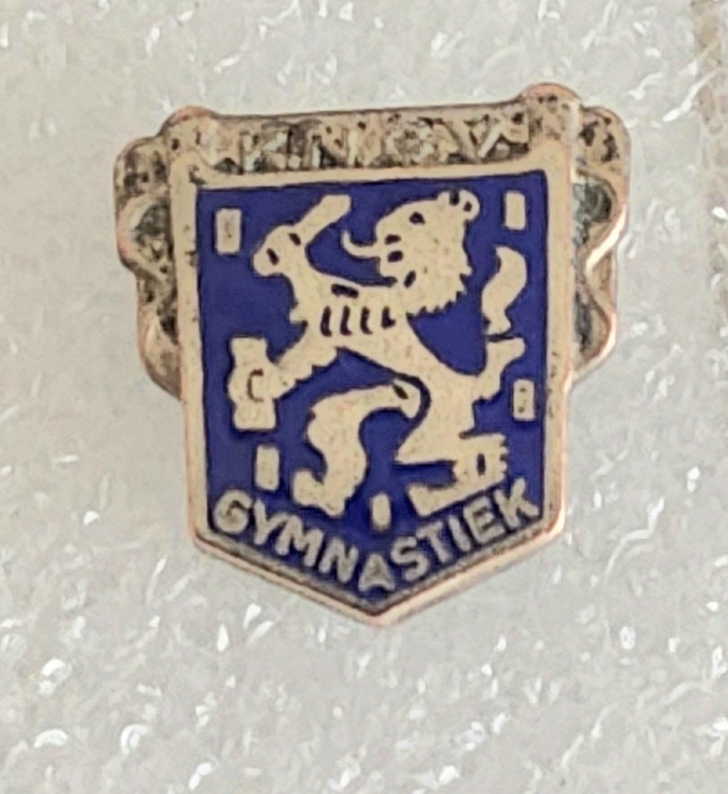 Emaille Speldje Gymnastiek Leeuw Blauw Wit Vintage, Ophalen of Verzenden, Gebruikt, Sport, Speldje of Pin