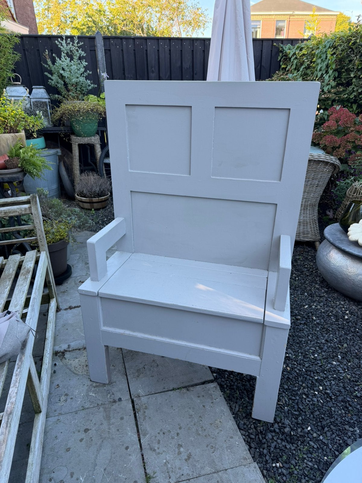 Frans halbankje, Tuin en Terras, Zo goed als nieuw, Stoel, Hout, Ophalen