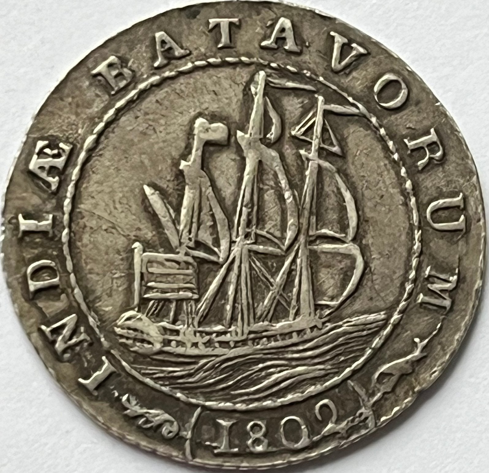 Nederlands-Indië zeldzame halve scheepjesgulden 1802, Vóór koninkrijk, Zilver, Losse munt, Overige waardes