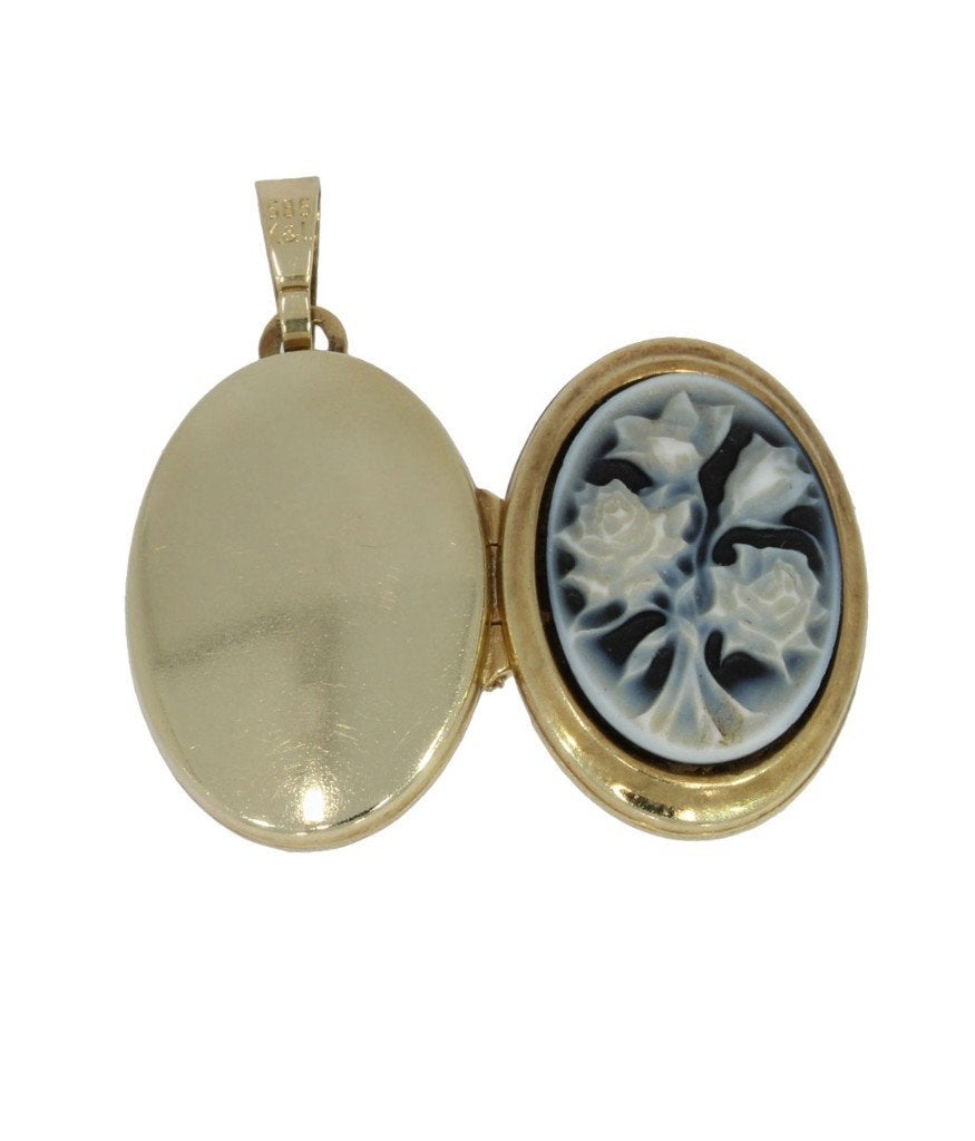 Foto medaillon 14k goud ketting hanger blauwe camee antiek, Verzenden, Goud, Hanger, Met edelsteen