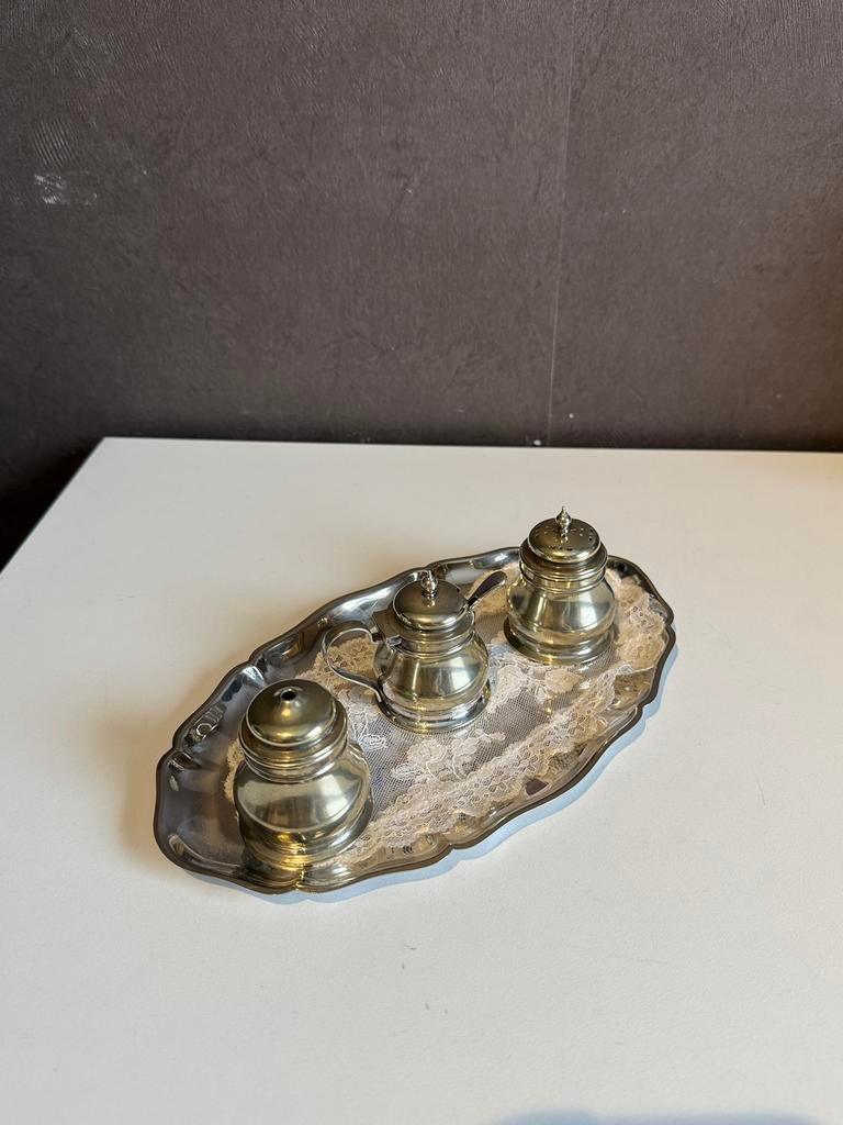 Antiek Engels verzilverd zout - peper en mosterdpotje set, Ophalen of Verzenden, Zilver