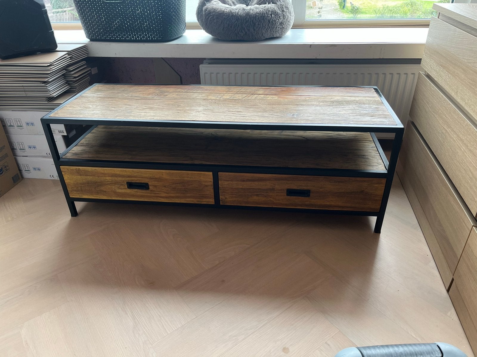 Industriële tv meubel met lades - Hout en metaal, Ophalen, Gebruikt, 100 tot 150 cm, Minder dan 100 cm