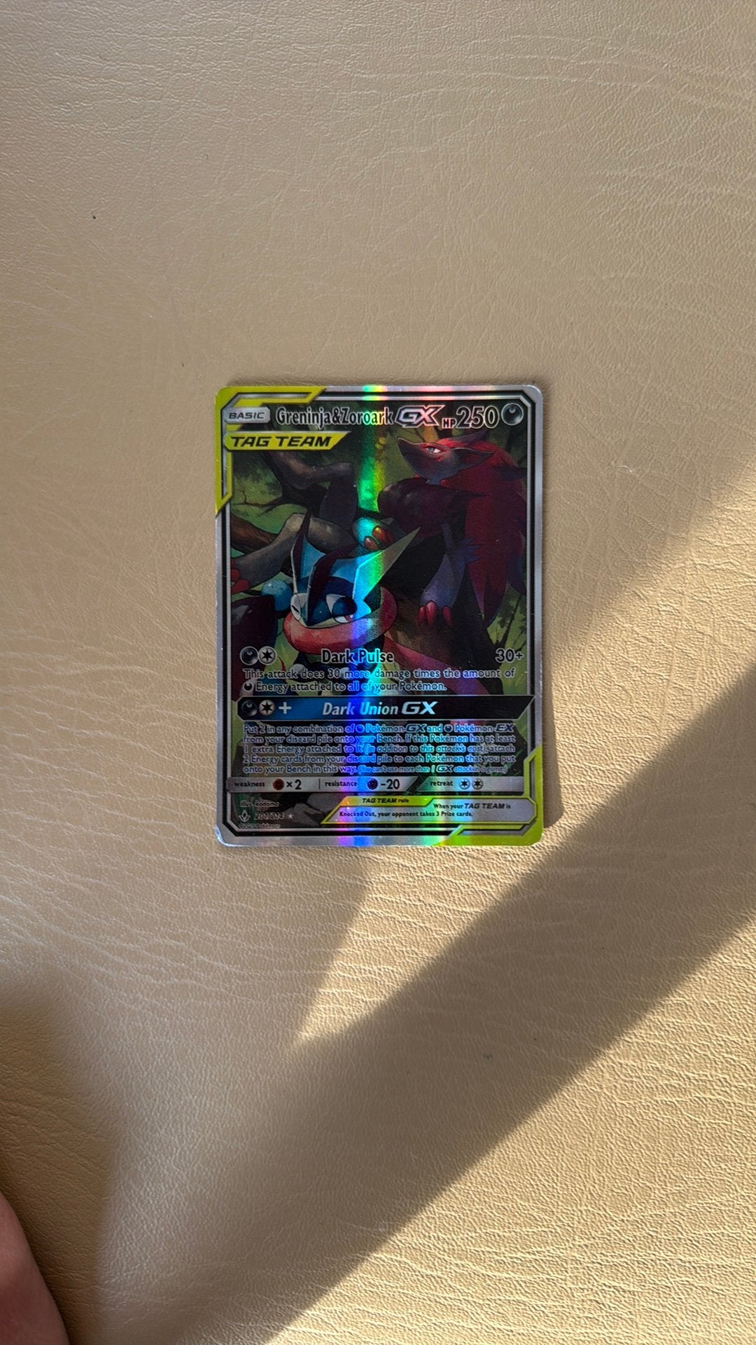 Greninja & Zoroark GX TAG TEAM Pokemon Kaart, Ophalen, Zo goed als nieuw, Losse kaart