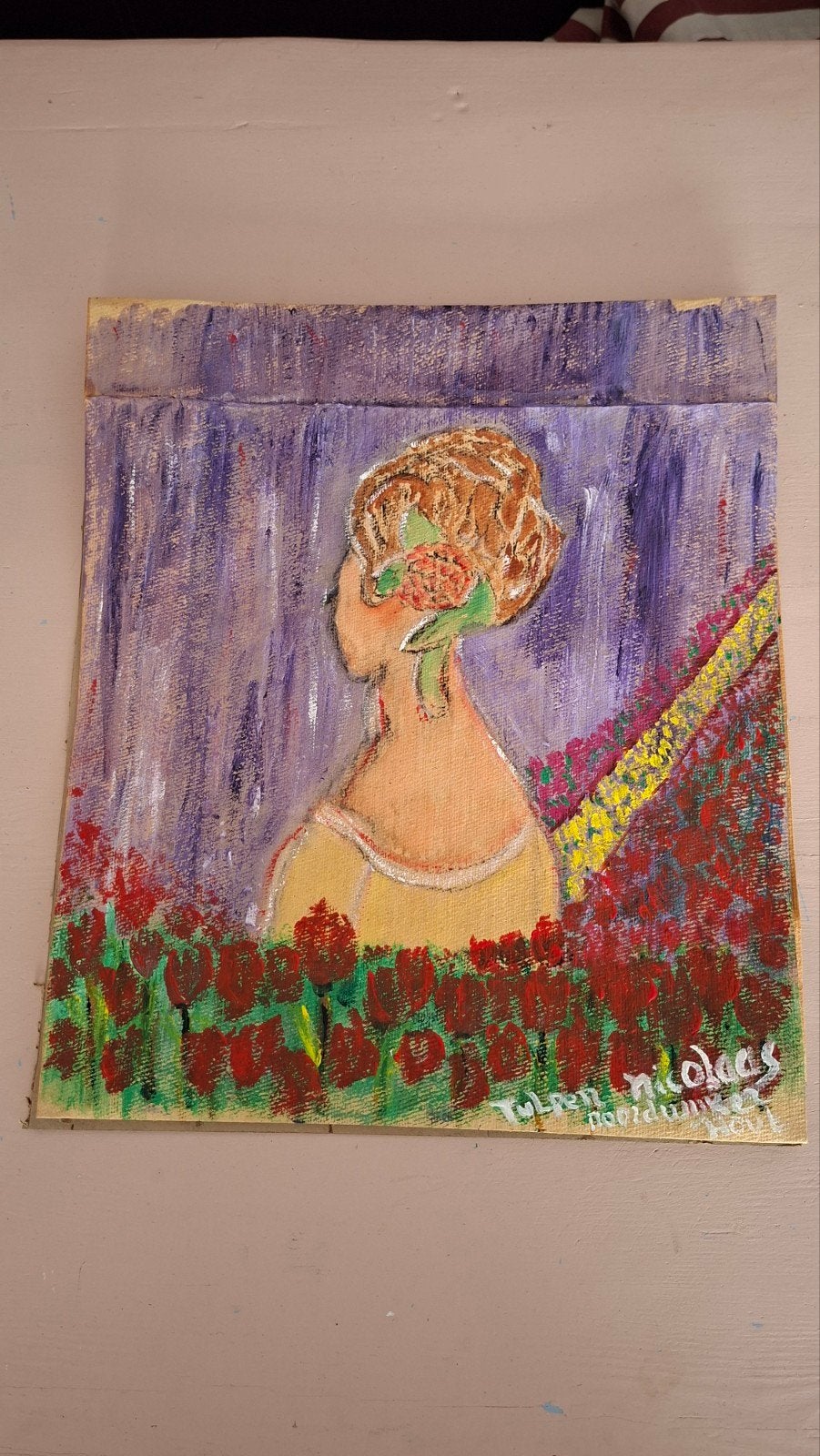 Schilderij Gouache Nicolaas - Vrouw in Tulpenveld, Ophalen of Verzenden