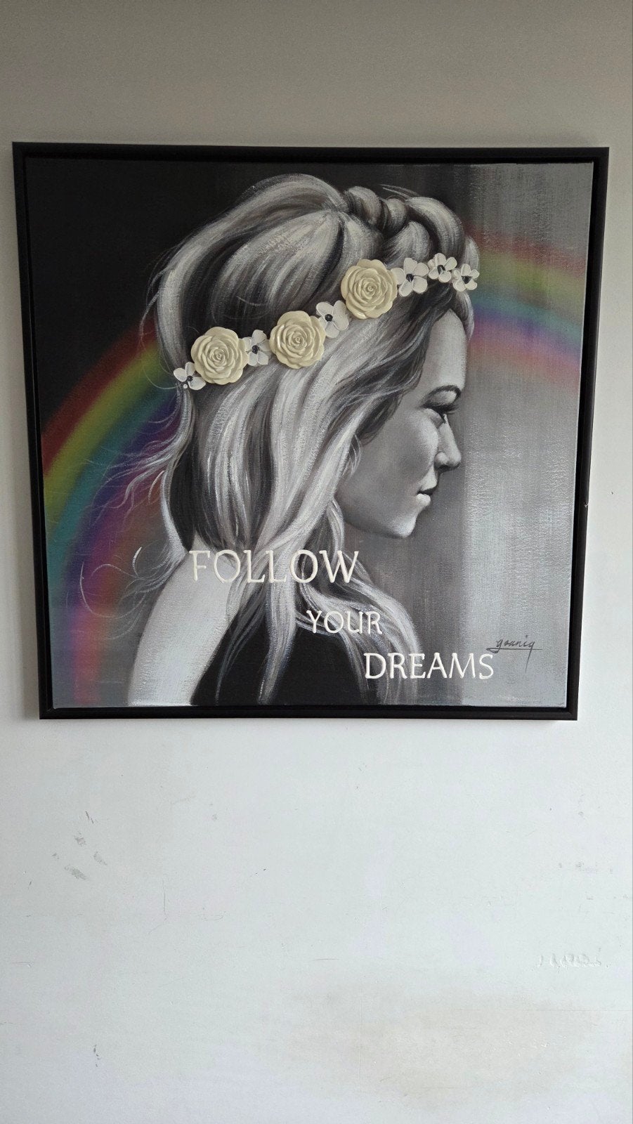 Schilderij 'Follow Your Dreams' met regenboog, 94,5x94,5cm, Ophalen, Zo goed als nieuw