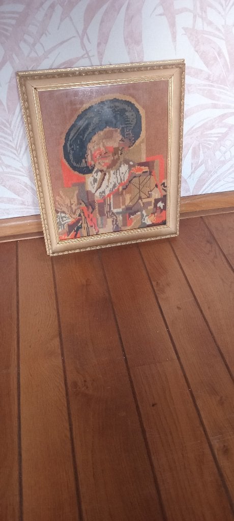 Geborduurd schilderij de vrolijke drinker in mooie lijst., Ophalen of Verzenden, Gebruikt, Minder dan 50 cm, Schilderij