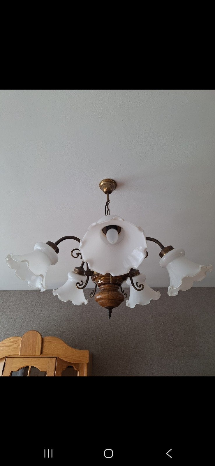 Antieke plafondlamp met 5 glazen kappen, Antiek en Kunst, Ophalen