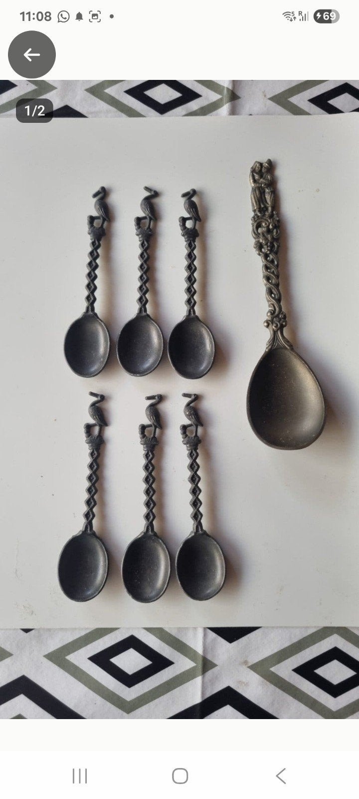 Set van 7 vintage tinnen lepeltjes - ooievaar design, Ophalen of Verzenden