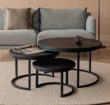 Set van 3 ronde salontafels met 3 extra glasplaat, Ophalen, 50 – 75, Gebruikt, Rond