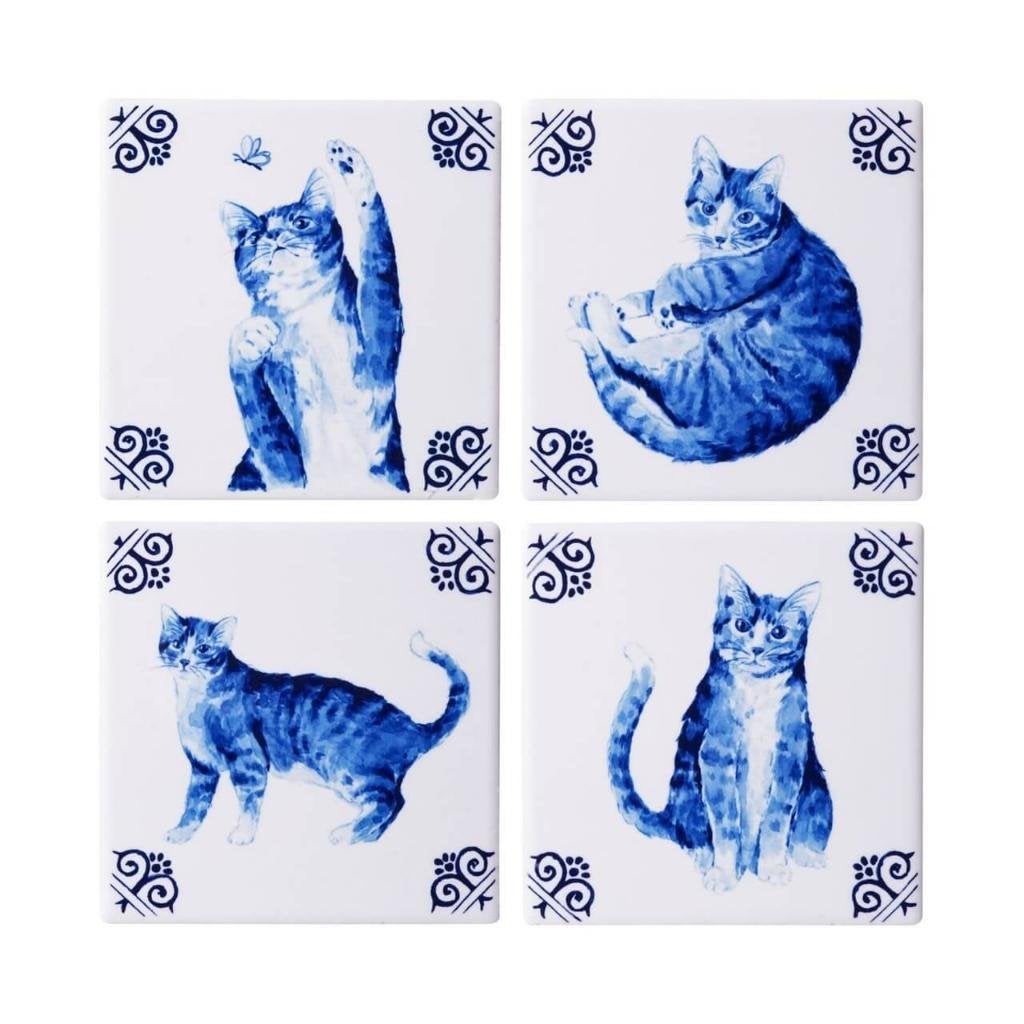 Nieuw Heinen Delfts Blauw, onderzetters Lieve Kat, set van 4, Steen/keramiek, Glasonderzetter, Ophalen of Verzenden, Antislip
