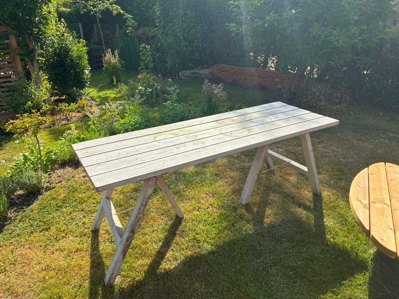 Houten tuintafel op schragen, Ophalen, Gebruikt, Rechthoekig, Hout