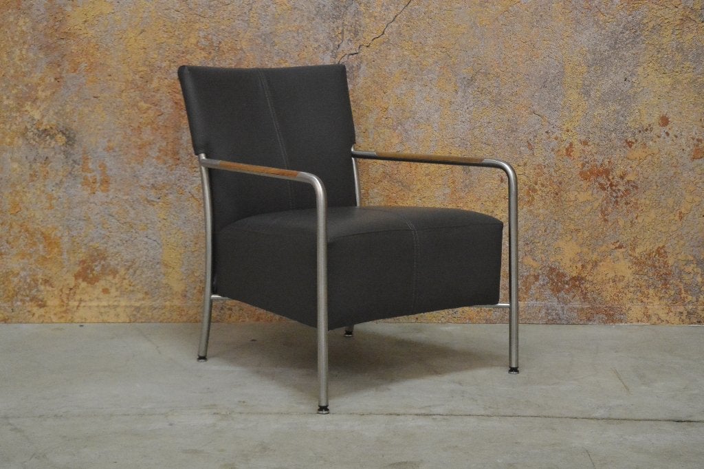ZGANieuw! grijze leren Bert Plantagie Class design fauteuil!, Bert plantagie, 75 tot 100 cm, Ophalen of Verzenden, Leer