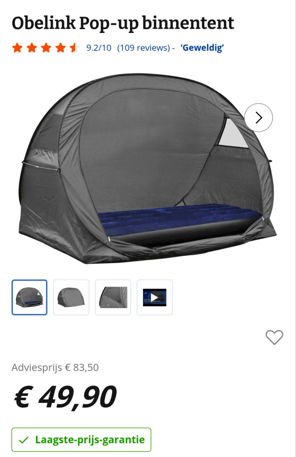 pop-up binnentent obelink, Caravans en Kamperen, Tenten, Ophalen of Verzenden, Zo goed als nieuw, Tot en met 2