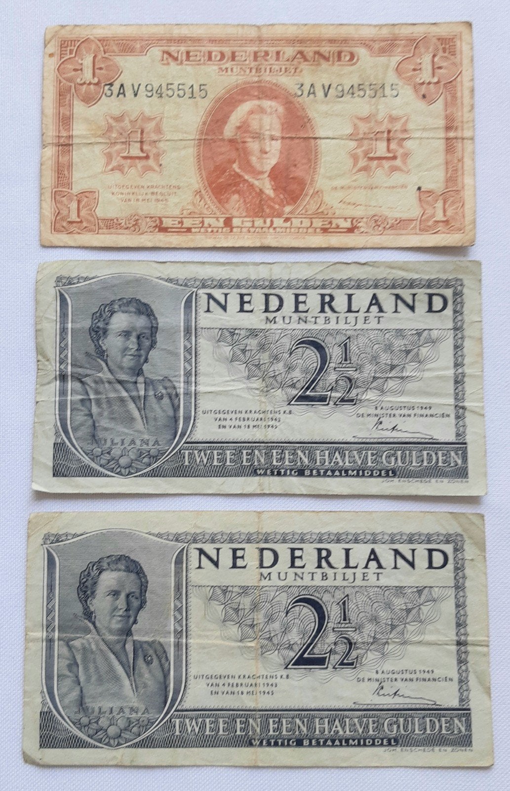 Set van 3 Nederlandse bankbiljetten 1943-1945 1 + 1.5 Gulden, Ophalen of Verzenden