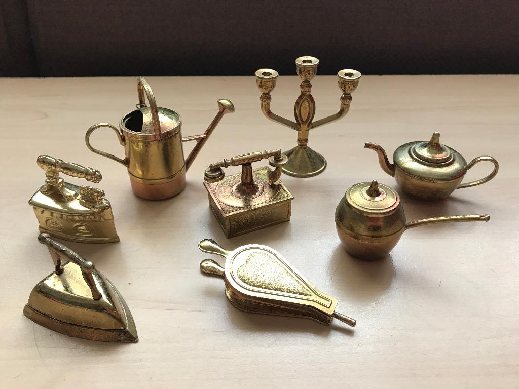 Miniatuur kandelaar pan keteltje gieter theepot e a, Antiek en Kunst, Antiek | Koper en Brons, Ophalen of Verzenden