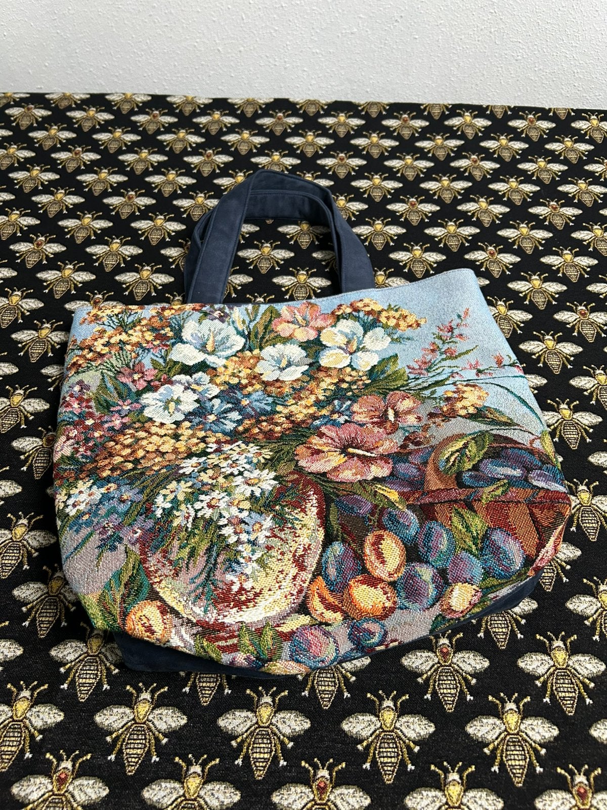 Tote tas gobelin Bloemen en fruit handgemaakt, Ophalen of Verzenden, Nieuw, Blauw, Shopper