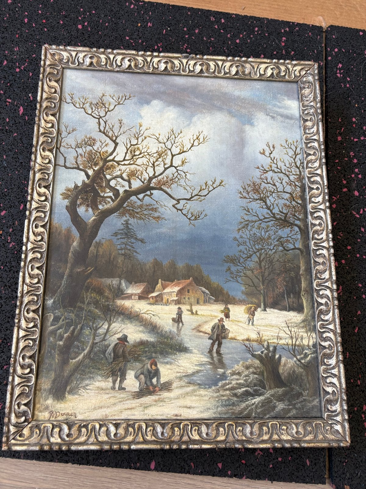 Schilderij Winterlandschap gesigneerd R.D. Dooren 1982, Antiek en Kunst, Realistisch, Gesigneerd, Landschap, Olieverf
