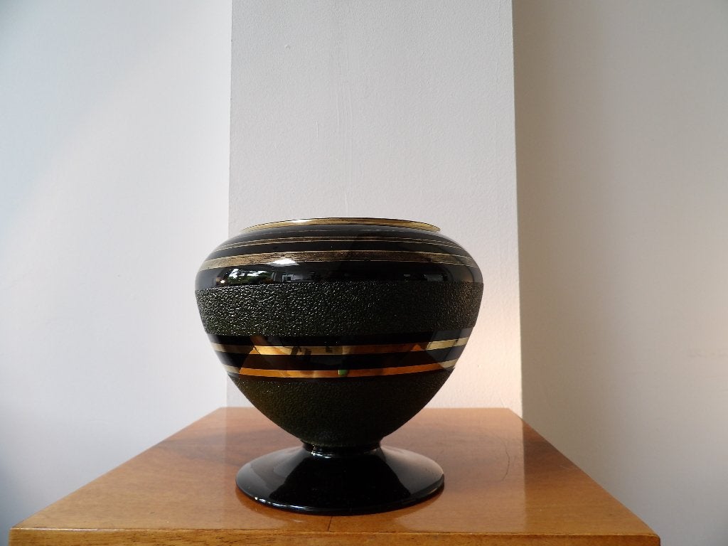 Art Deco Vaas op voet, Doyen Belgium, zwart opaline glas, Antiek en Kunst, Ophalen of Verzenden