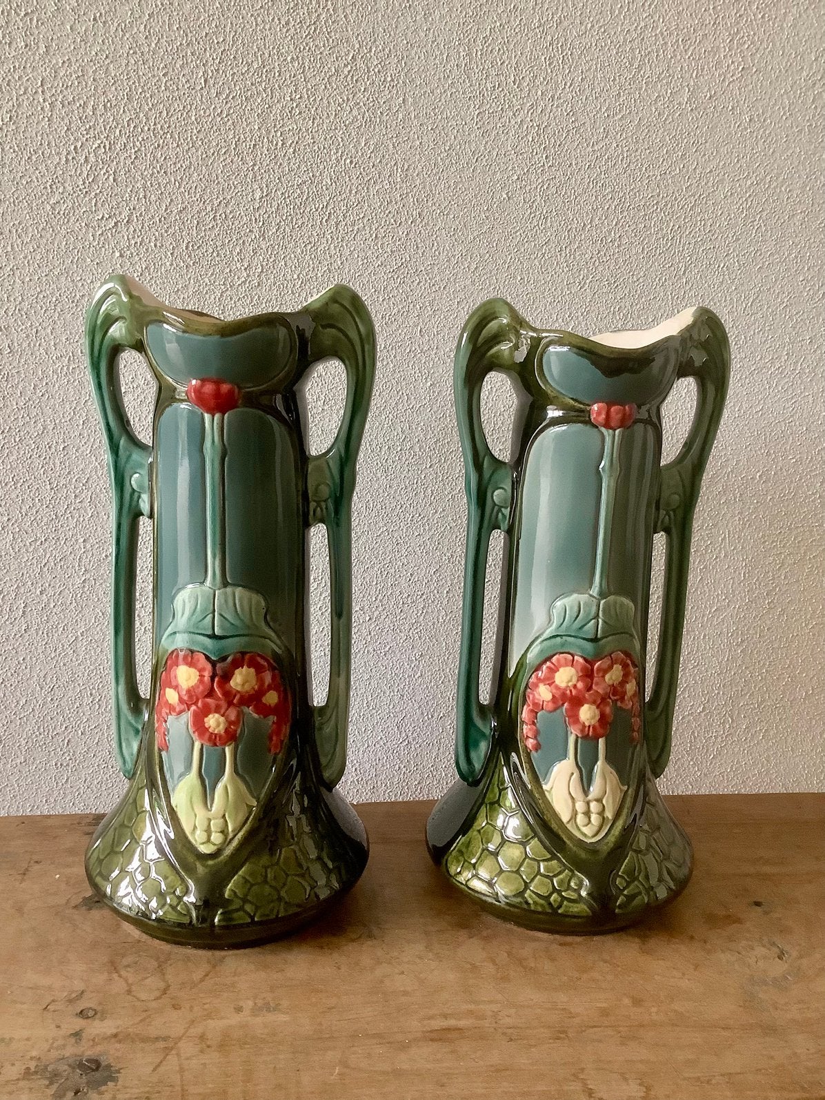 TWEE Art Nouveau vazen in prachtige volle kleuren, Ophalen of Verzenden