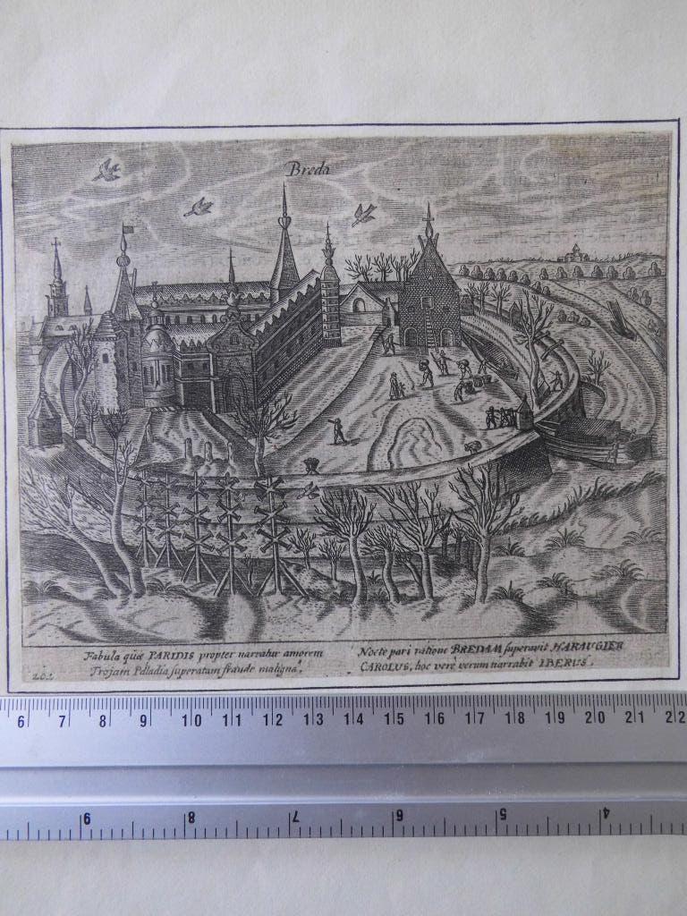 Antieke kopergravure Kasteel Breda 1616, Ophalen of Verzenden