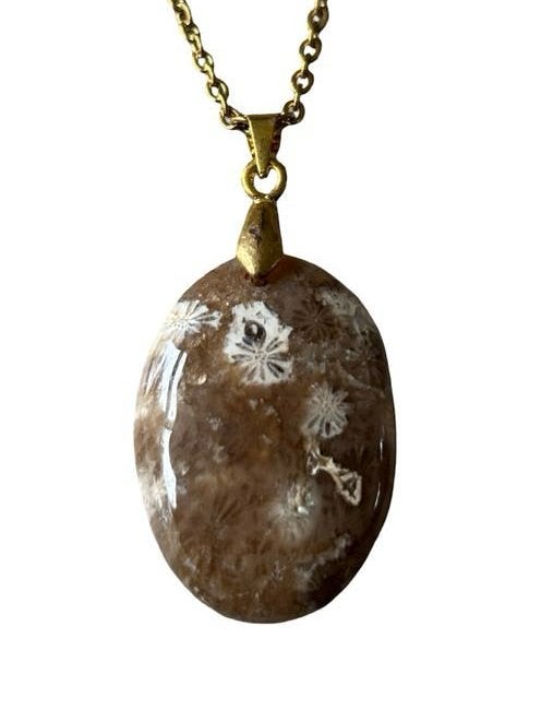 Fossielkoraal ketting - Roestvrijstaal Sieraden, Met hanger, Bruin, Vanbeeksaar4@gmail.com, Nieuw