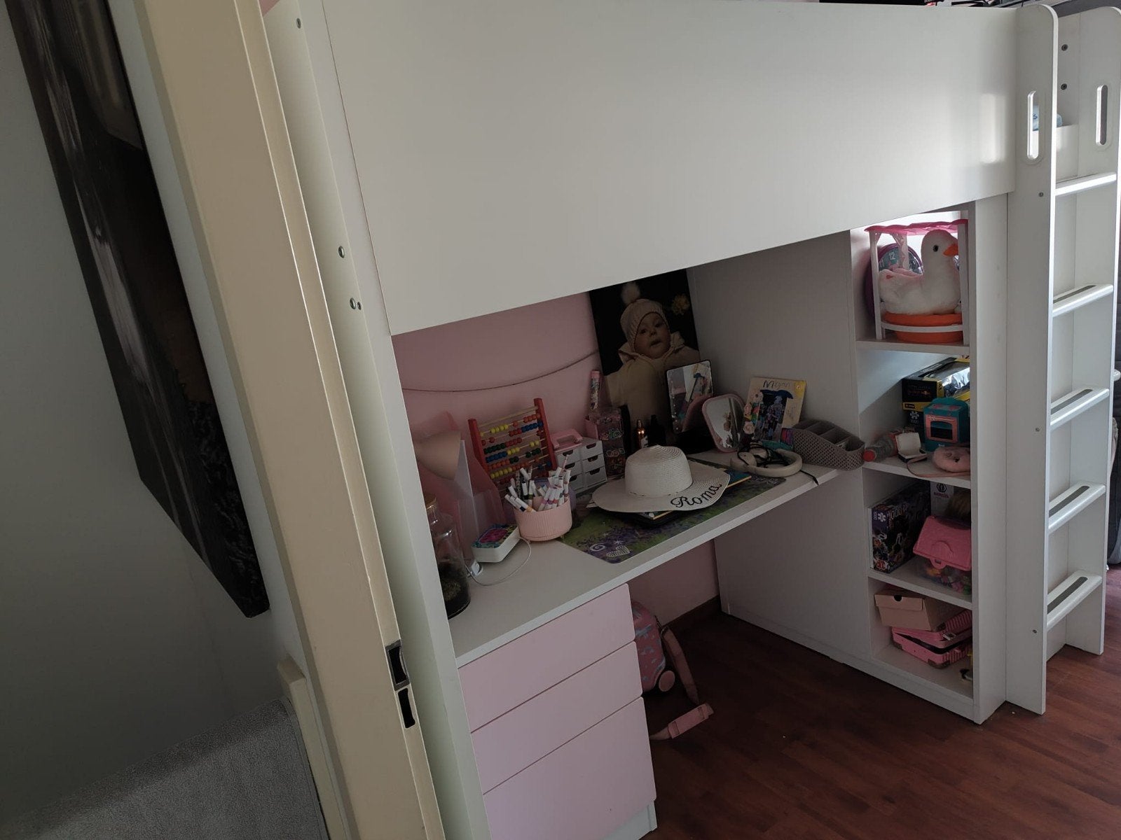 IKEA SMÅSTAD Hoogslaper met Kast en Bureau wit roze, Ophalen, 85 tot 100 cm, Gebruikt, Lattenbodem