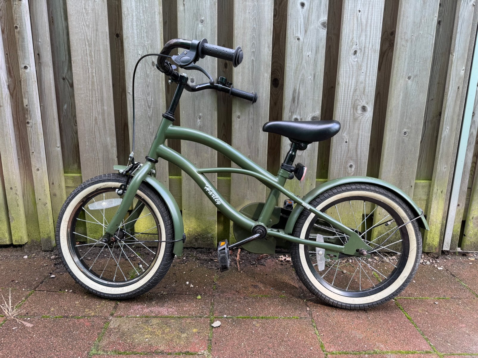 Stoere Groene Nogan Harley 16 inch kinderfiets, Ophalen, Terugtraprem, Zijwieltjes, 16 tot 20 inch